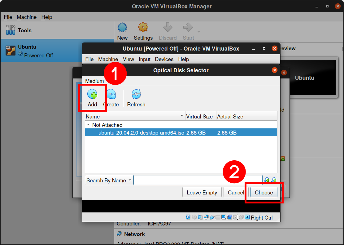choosing a virtual optical disk file virtualbox ubuntu