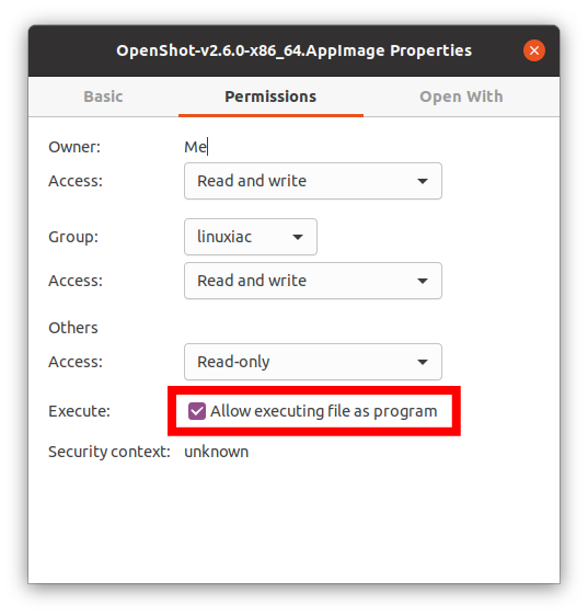 OpenShot - make the AppImage file executable